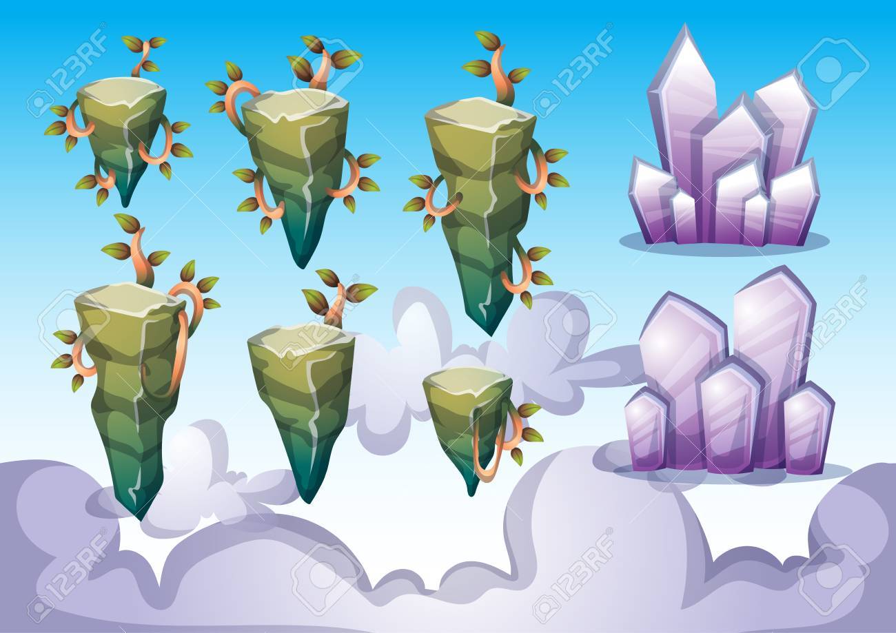 cartoon vector floating island object with separated layers for floating animation