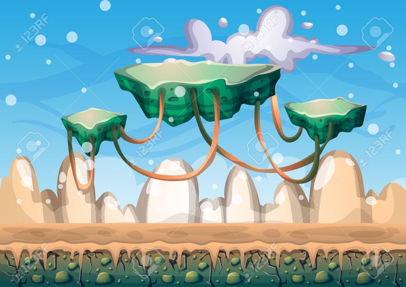 cartoon floating island background with separated layers for floating animation