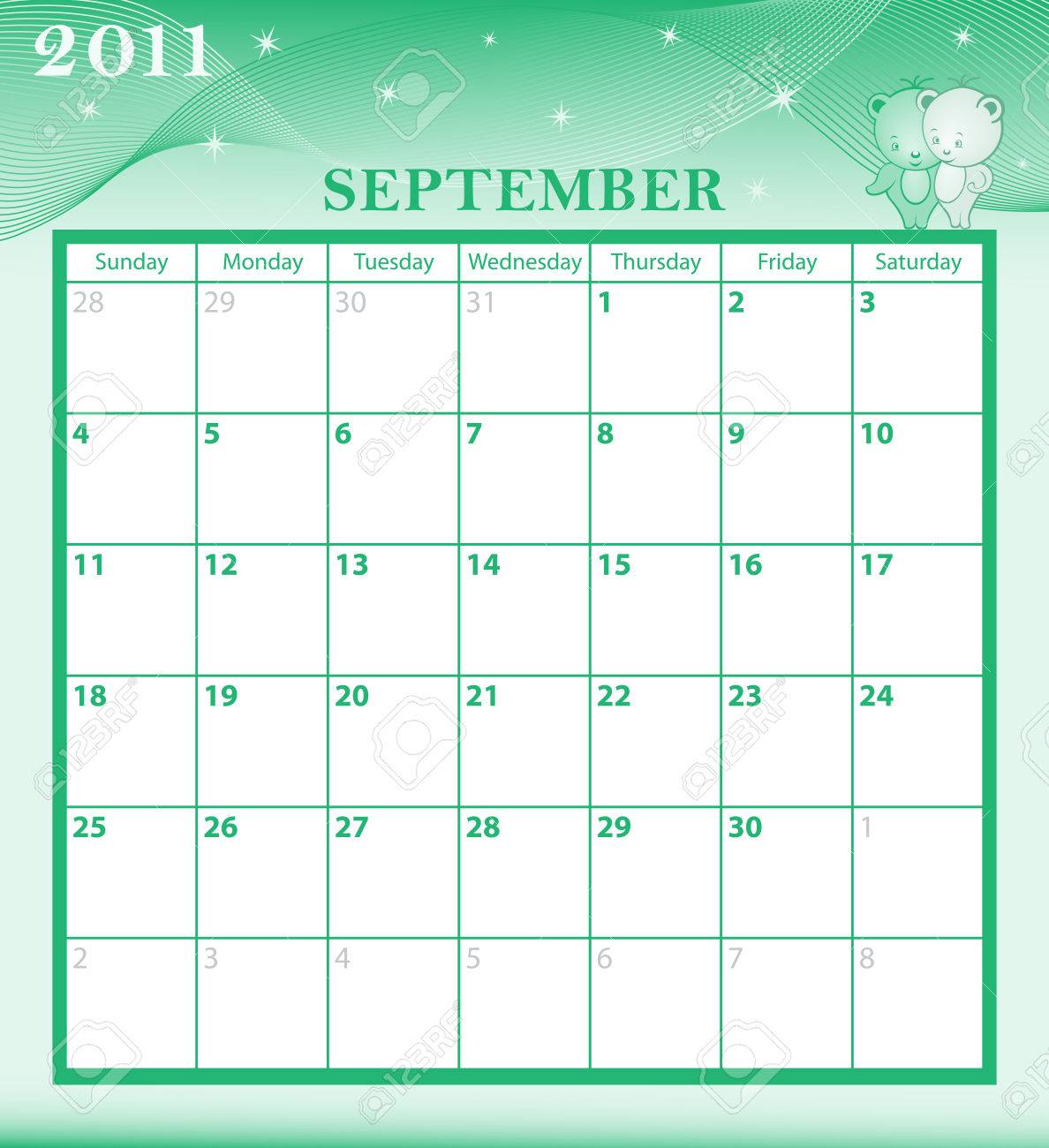 Calendar 2011 September Month With Large Date Boxes. Cartoon Characters And  Patterned Background. Royalty Free SVG, Cliparts, Vectors, and Stock  Illustration. Image 6929444.
