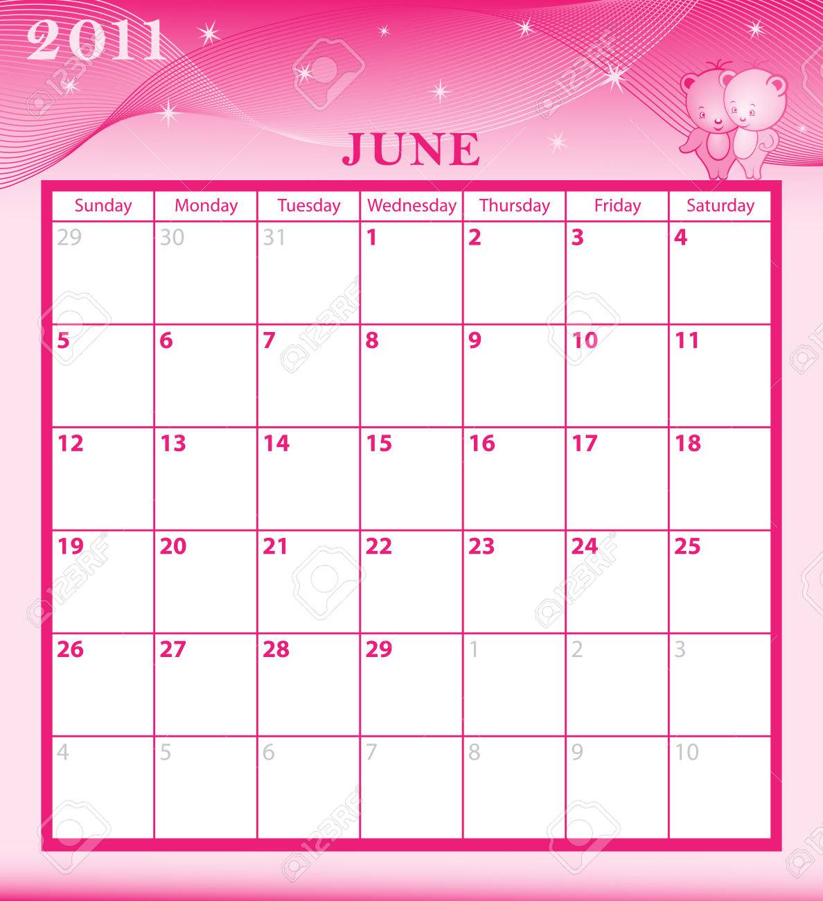 Kalender 11 Juni Monat Mit Grossen Datumsfeldern Cartoon Figuren Und Gemusterten Hintergrund Lizenzfrei Nutzbare Vektorgrafiken Clip Arts Illustrationen Image