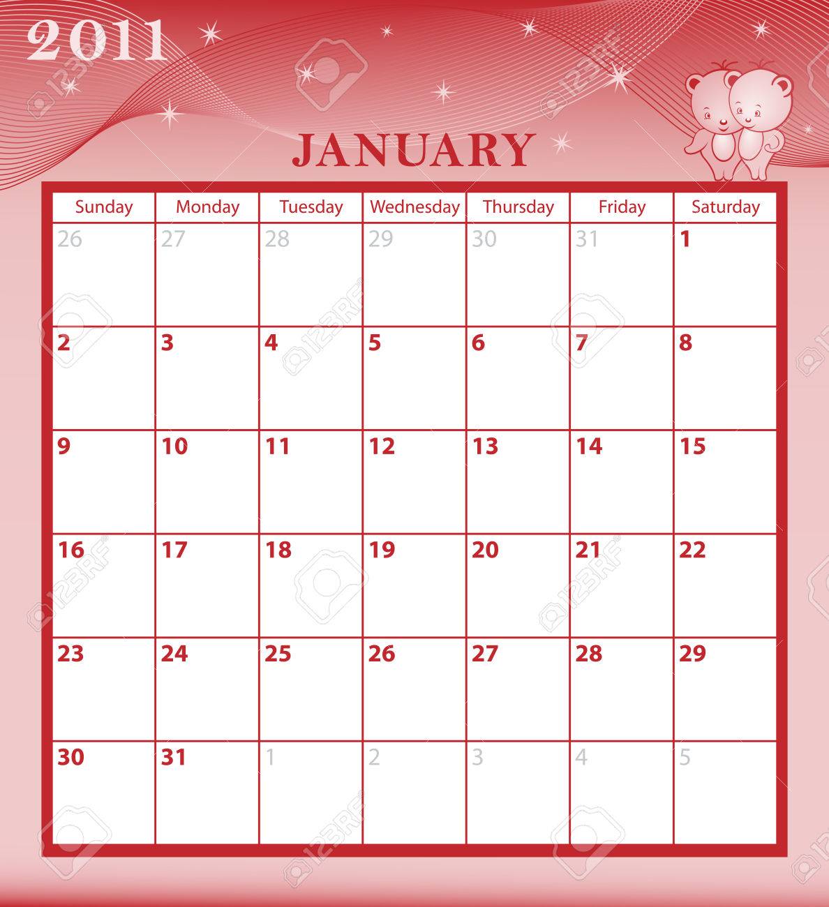 Calendar 2011 January Month With Large Date Boxes. Cartoon Characters And  Patterned Background. Royalty Free SVG, Cliparts, Vectors, and Stock  Illustration. Image 6929448.