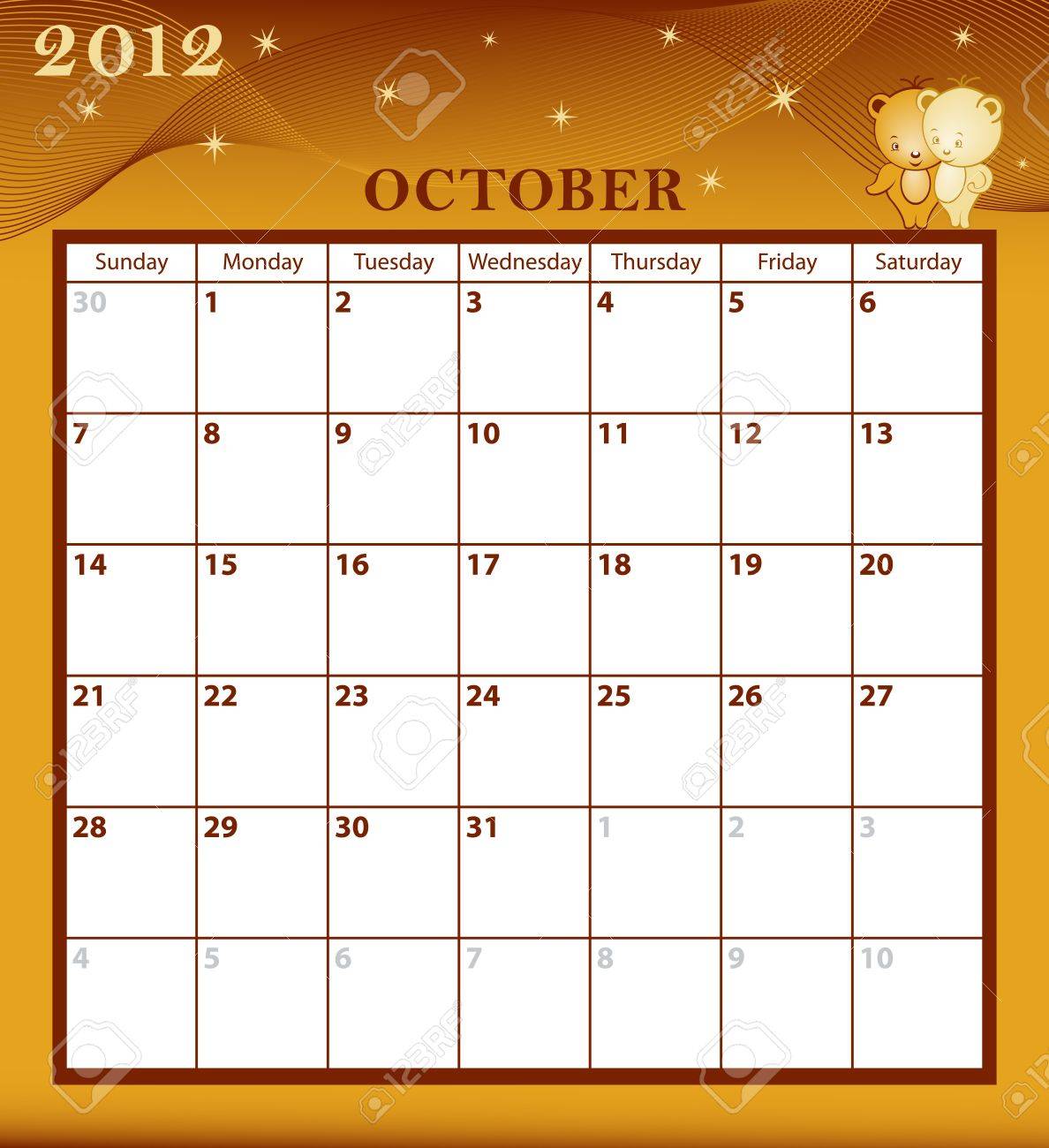 Calendar 12 October Month With Large Date Boxes Cartoon Characters Royalty Free Cliparts Vectors And Stock Illustration Image