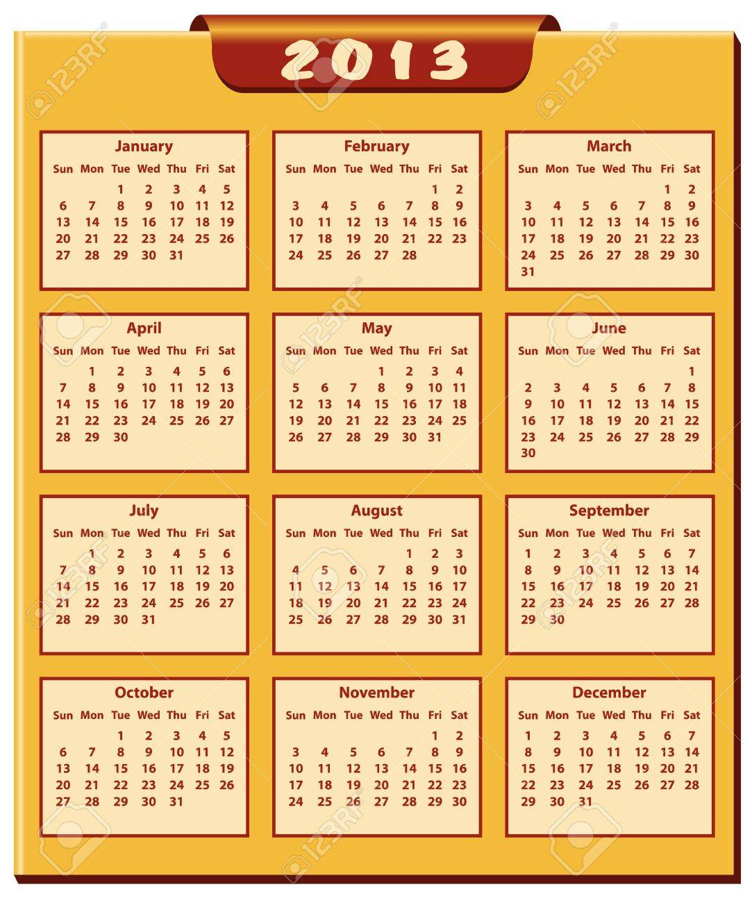 Calendario 2013 Año De Enero Al Mes De Diciembre Ilustraciones Vectoriales Clip Art Vectorizado Libre De Derechos Image 15701038