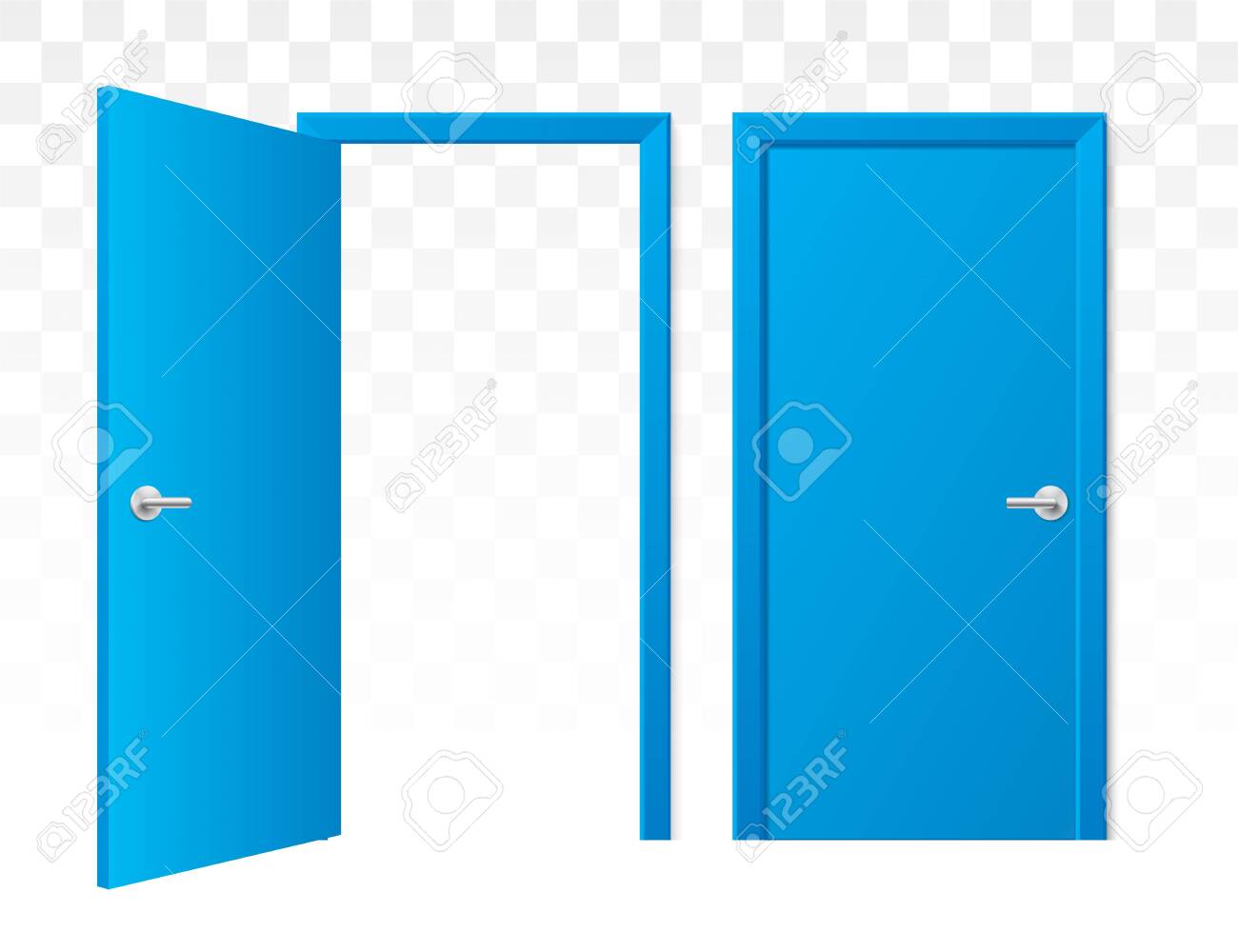 Set Of Opened And Closed Blue Doors On A Transparent Background. Vector  Doors In A Front View, Isolated On Background. Simple And Modern Shape  Wooden Doors In Different Positions. Royalty Free SVG,, image size:1300x1000