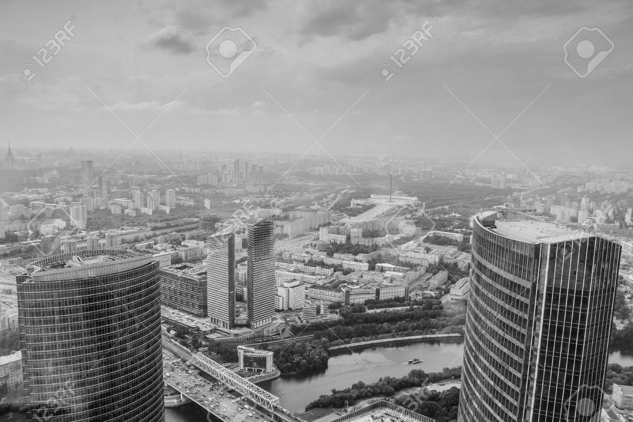 Panoramic view of the moscow city black and white urban photo