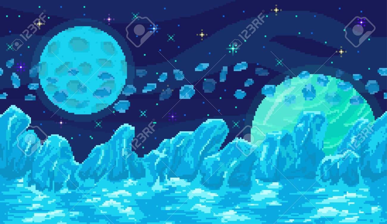 Space Planet In Pixel Art Background Of Space Planet Ice Landscape Royalty Free Cliparts Vectors And Stock Illustration Image