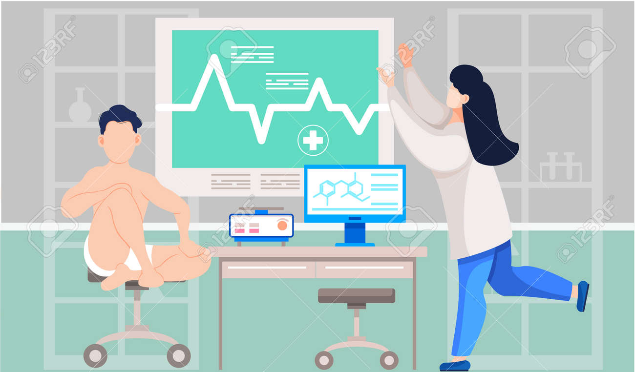 Woman in lab coat doctor examines patient s heart makes cardiogram. Male patient sit in laboratory - 166306506 Woman in lab coat doctor examines patient s heart makes cardiogram. Male patient sit in laboratory - 166306506