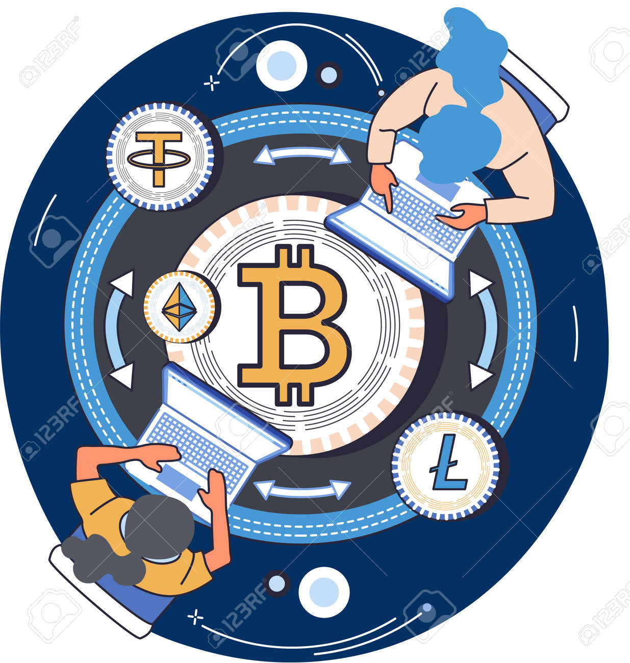 암호화폐 시장 플랫폼. 사람들은 비트코인 시장에서 거래를 분석합니다. 암호화폐 및 블록체인 기술 개념에 대한 투자. 직원들은 채굴 및  디지털 화폐 교환 작업을 합니다. 로열티 무료 사진, 그림, 이미지 그리고 스톡포토그래피. Image 181718277