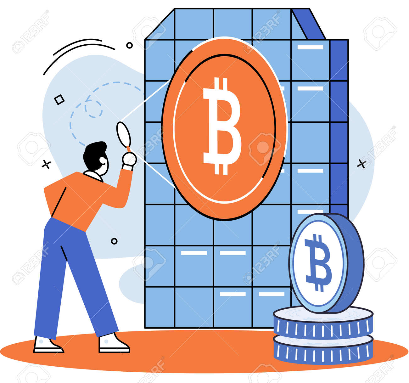 Concepto De Minería De Bitcoin, Tecnología De Red Blockchain, Oferta  Inicial De Monedas Y Criptomoneda. Hombre Con Lupa Trabajando En Mina  Bitcoin. Tecnología De Transacciones Blockchain, Mercado De Dinero Virtual  Ilustraciones svg,