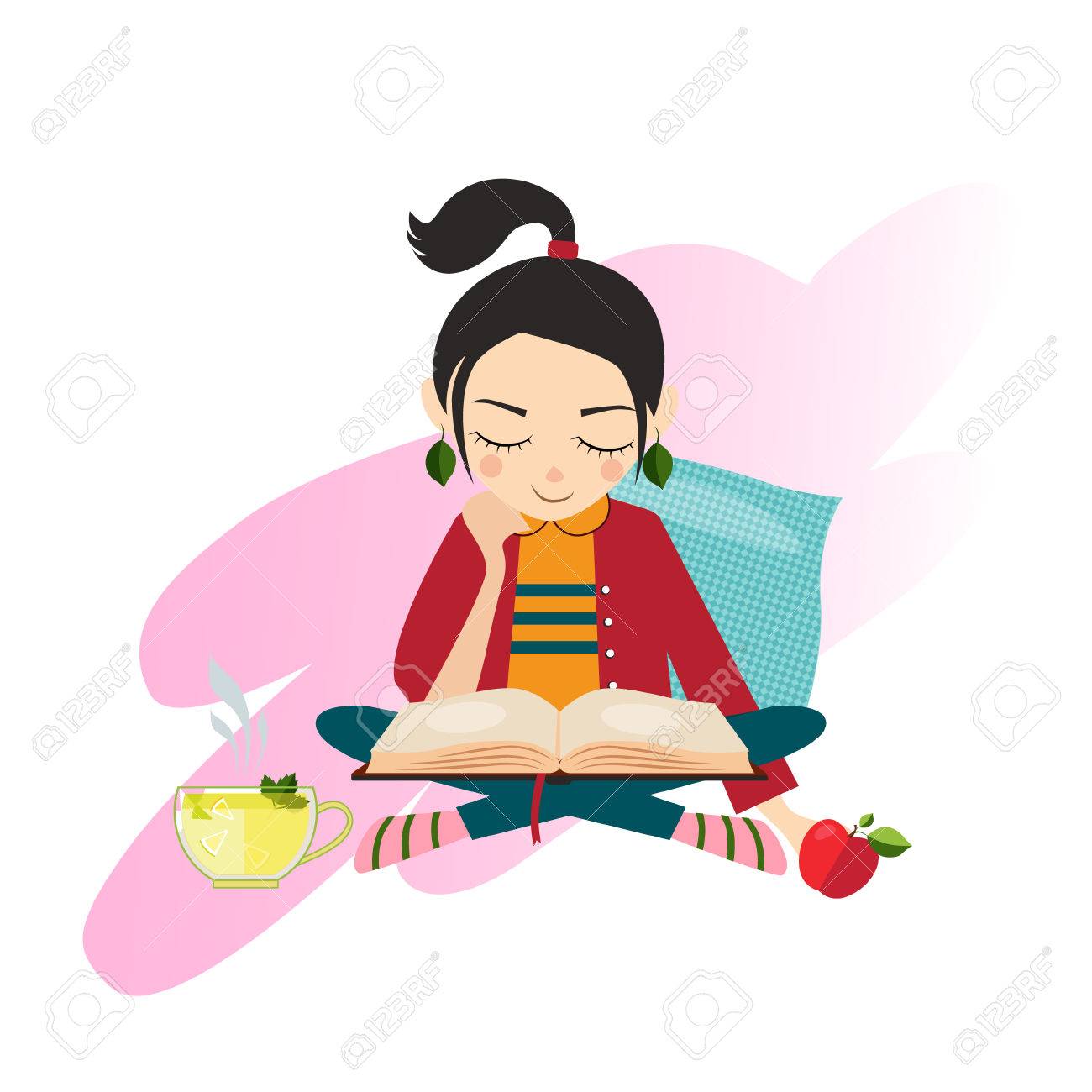 白い背景に真剣に本を読む少女のイラストのイラスト素材 ベクタ Image 白い背景に真剣に本を読む少女のイラストのイラスト素材 ベクタ Image