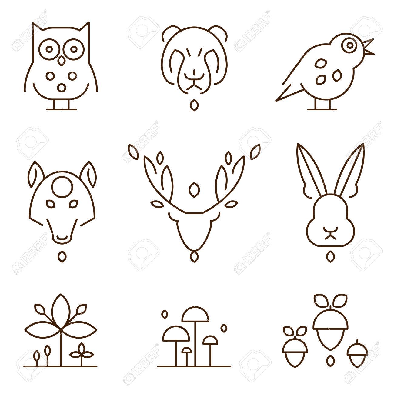 動物の頭と細い線のスタイル アイコンの工場設定ベクトル図のイラスト