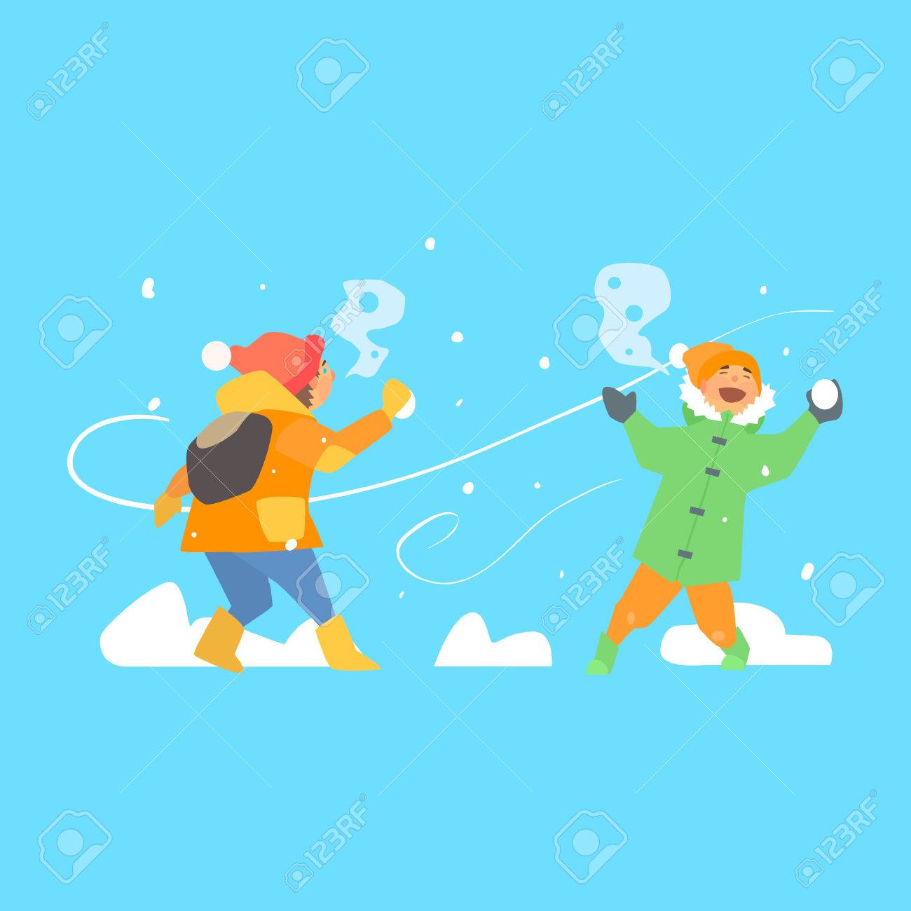 面白い子供たちは 雪玉を投げます ベクトル図フラット スタイルのイラスト素材 ベクタ Image