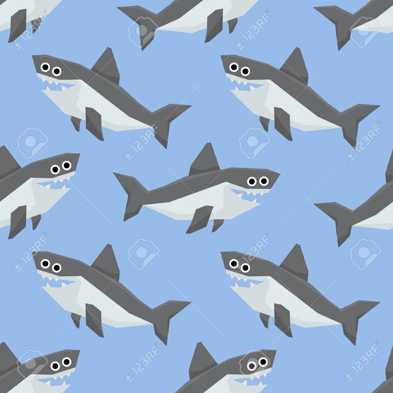 水色の背景の漫画サメとかわいいベクターのシームレスなパターンのイラスト素材 ベクタ Image