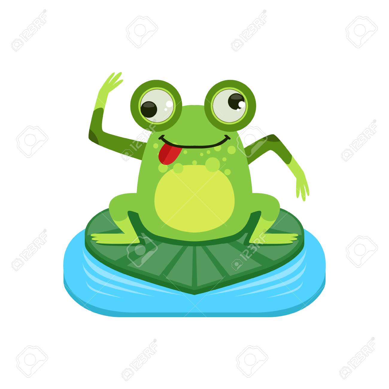 漫画のクレイジー カエル キャラクター シンプルな幼稚なスタイルで白い背景に分離されたフラット明るい色ベクトル ステッカーのイラスト素材 ベクタ Image