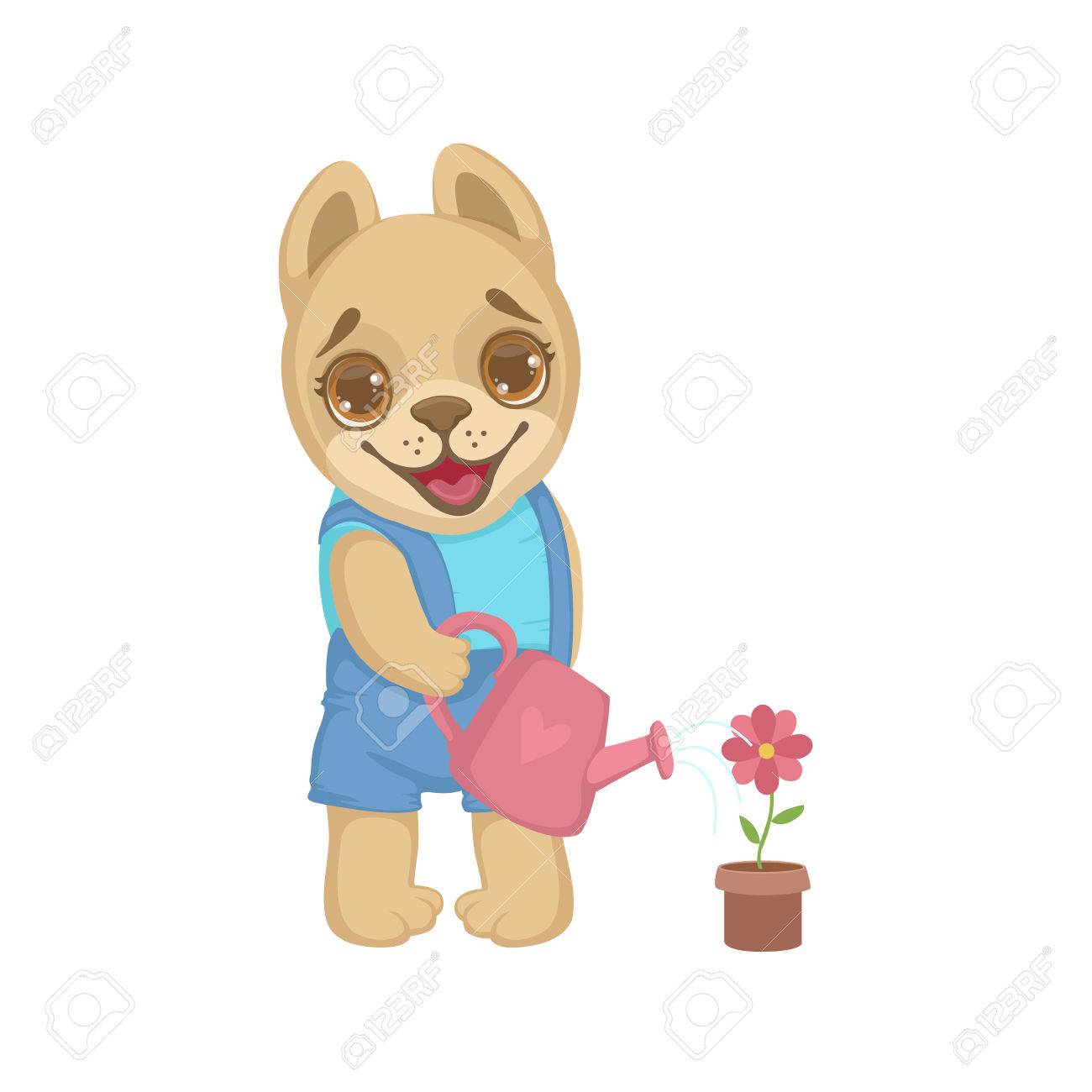 子犬かわいい乙女チックな漫画のスタイルの白い背景で隔離のカラフルなイラストを花の水やり のイラスト素材 ベクタ Image