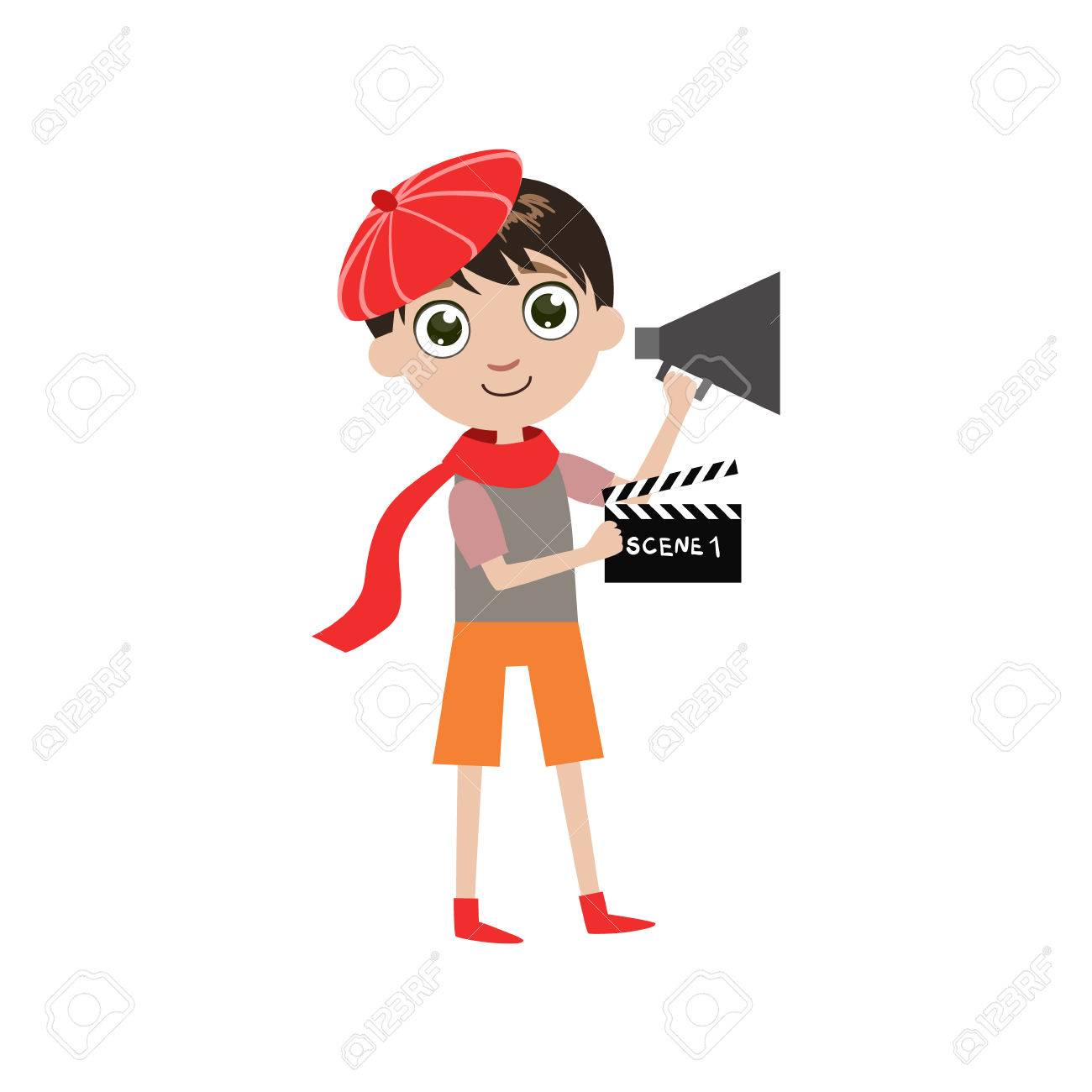 かわいい楽しい漫画のスタイルの白い背景で隔離の少年将来映画監督シンプル設計図 のイラスト素材 ベクタ Image かわいい楽しい漫画のスタイルの白い背景で隔離の少年将来映画監督シンプル設計図 のイラスト素材 ベクタ Image