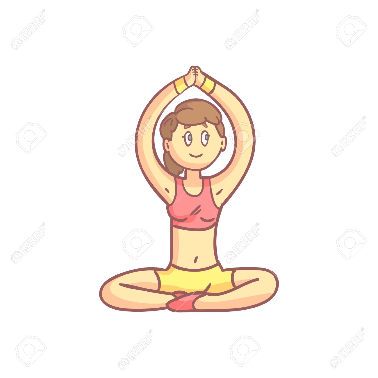 girl in meditation yoga pose flat outlined pale color funny drawing