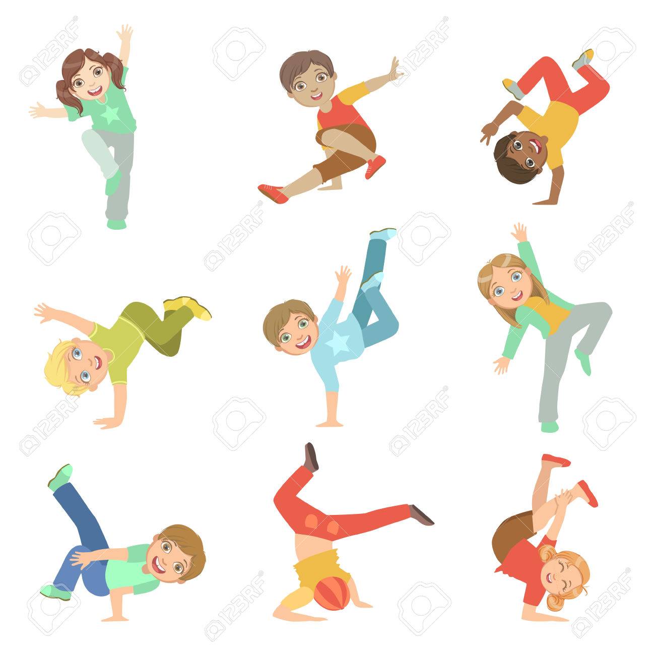 子供かわいい目の大きな文字フラット ベクトルのモダン ダンスのセットを実行する分離された白い背景のイラスト のイラスト素材 ベクタ Image