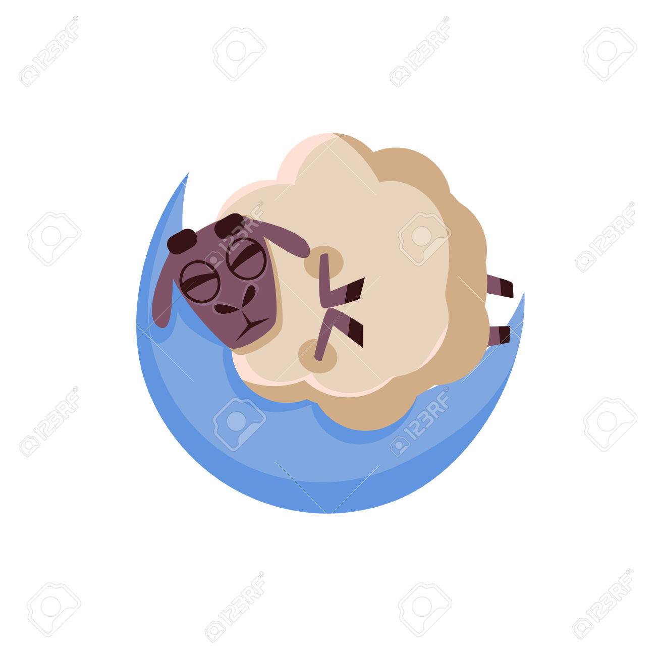 明るい色のデザイン アイコンが白い背景の上分離された三日月形のかわいい幼稚なスタイルで寝ている羊のイラスト素材 ベクタ Image