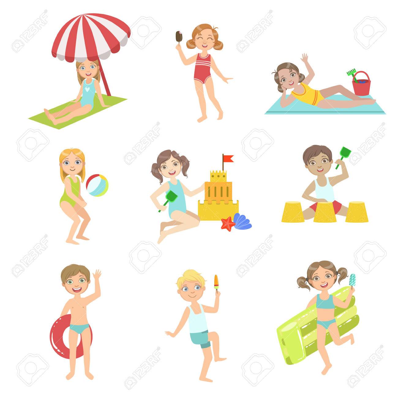 Les Enfants Jouent à La Plage Ensemble Dillustrations De Conception Simple Dans Le Style Amusant Amusant De Dessin Animé Isolé Sur Fond Blanc