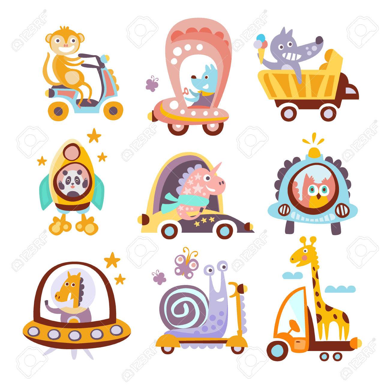 animales y transporte fantasía dibujos infantiles conjunto de estilo