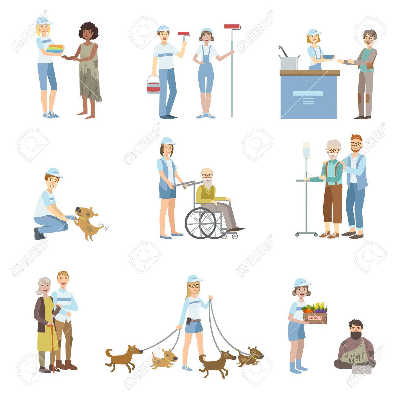Volunteers Helping In Different Situations Illustrations Isolated On White Background. Simplified Cartoon Characters Set - 61245382 Volunteers Helping In Different Situations Illustrations Isolated On White Background. Simplified Cartoon Characters Set - 61245382