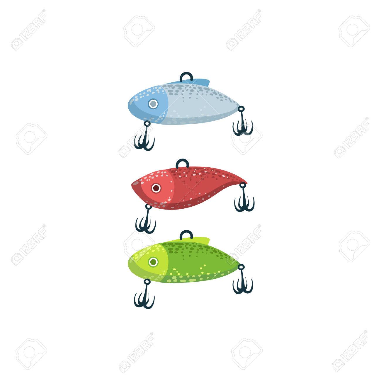 3 つの釣りのスプーン餌魚明るい色という形で漫画の白い背景で隔離のシンプルなスタイル フラット ベクトル図のイラスト素材 ベクタ Image