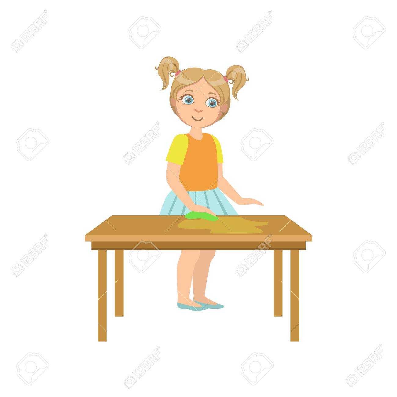 Madchen Reinigung Der Holztisch Einfache Design Illustration In Netter Spass Cartoon Stil Auf Weissem Hintergrund Isoliert Lizenzfrei Nutzbare Vektorgrafiken Clip Arts Illustrationen Image