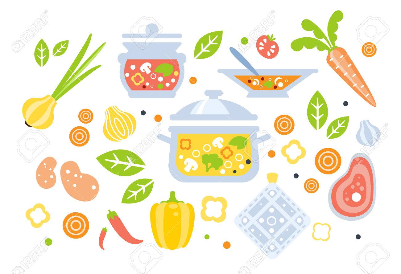 食材イラストのスープ準備セット アイテムや白い背景の上の野菜を料理のフラット原始的なグラフィック スタイルのコレクションです のイラスト素材 ベクタ Image