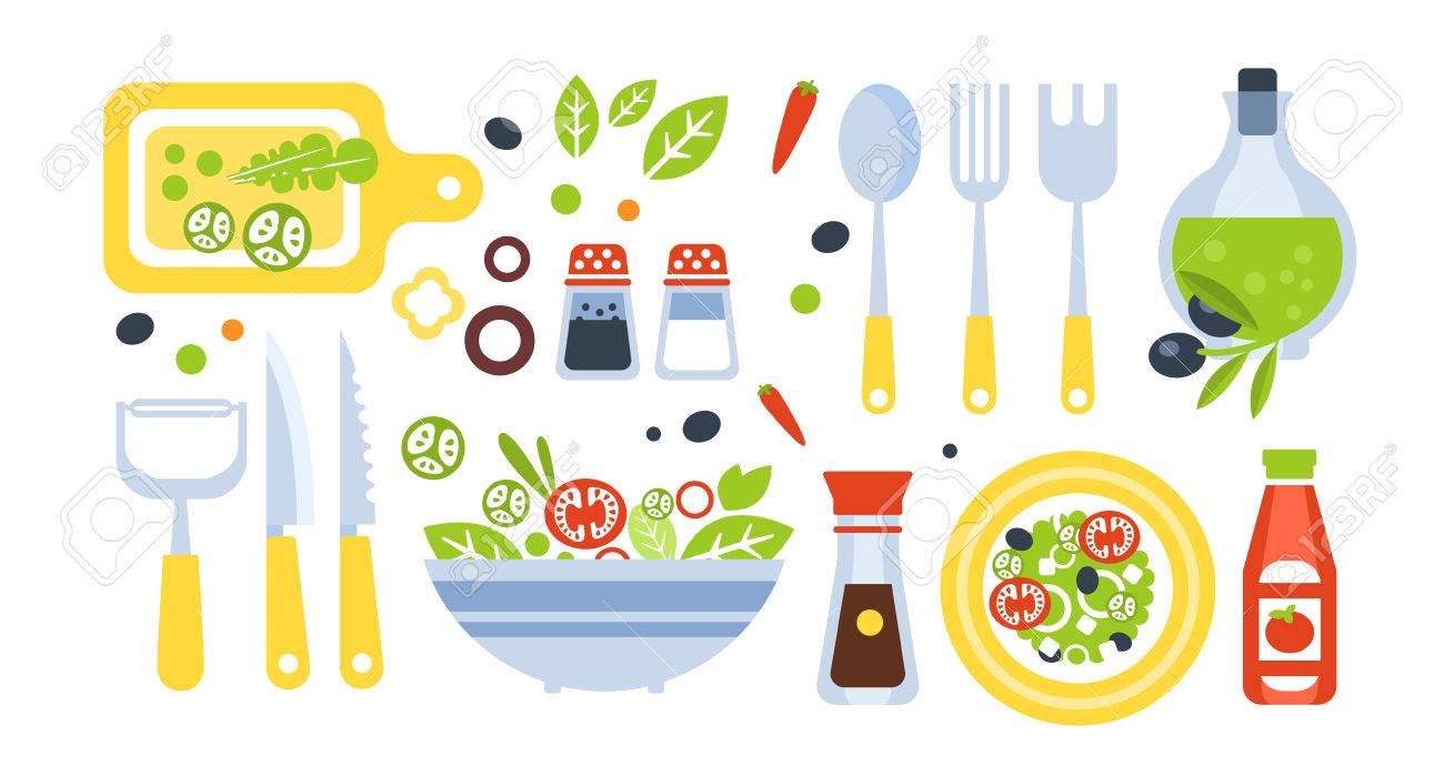 調理器具のイラストのサラダ準備セット アイテムや白い背景の上の野菜を料理のフラット原始的なグラフィック スタイルのコレクションです のイラスト素材 ベクタ Image