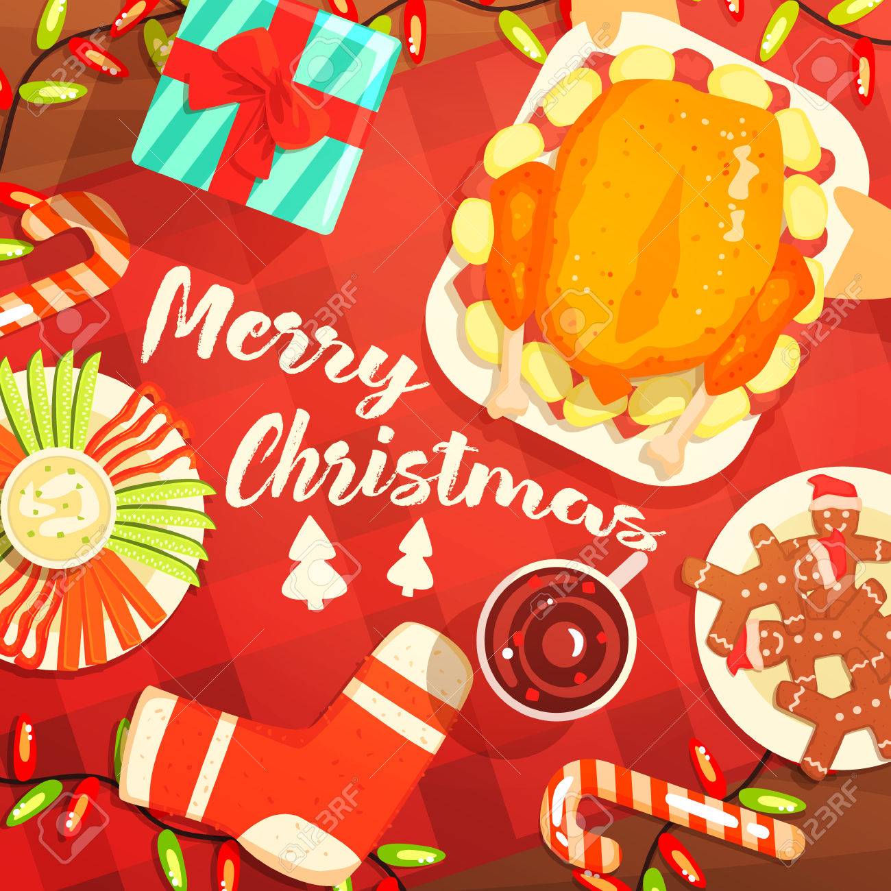 メリー クリスマス古典的な休日の記号のコレクションとカラフルなイラスト クリスマス ディナーの古典的な要素を明るい色で図面上から表示します のイラスト素材 ベクタ Image