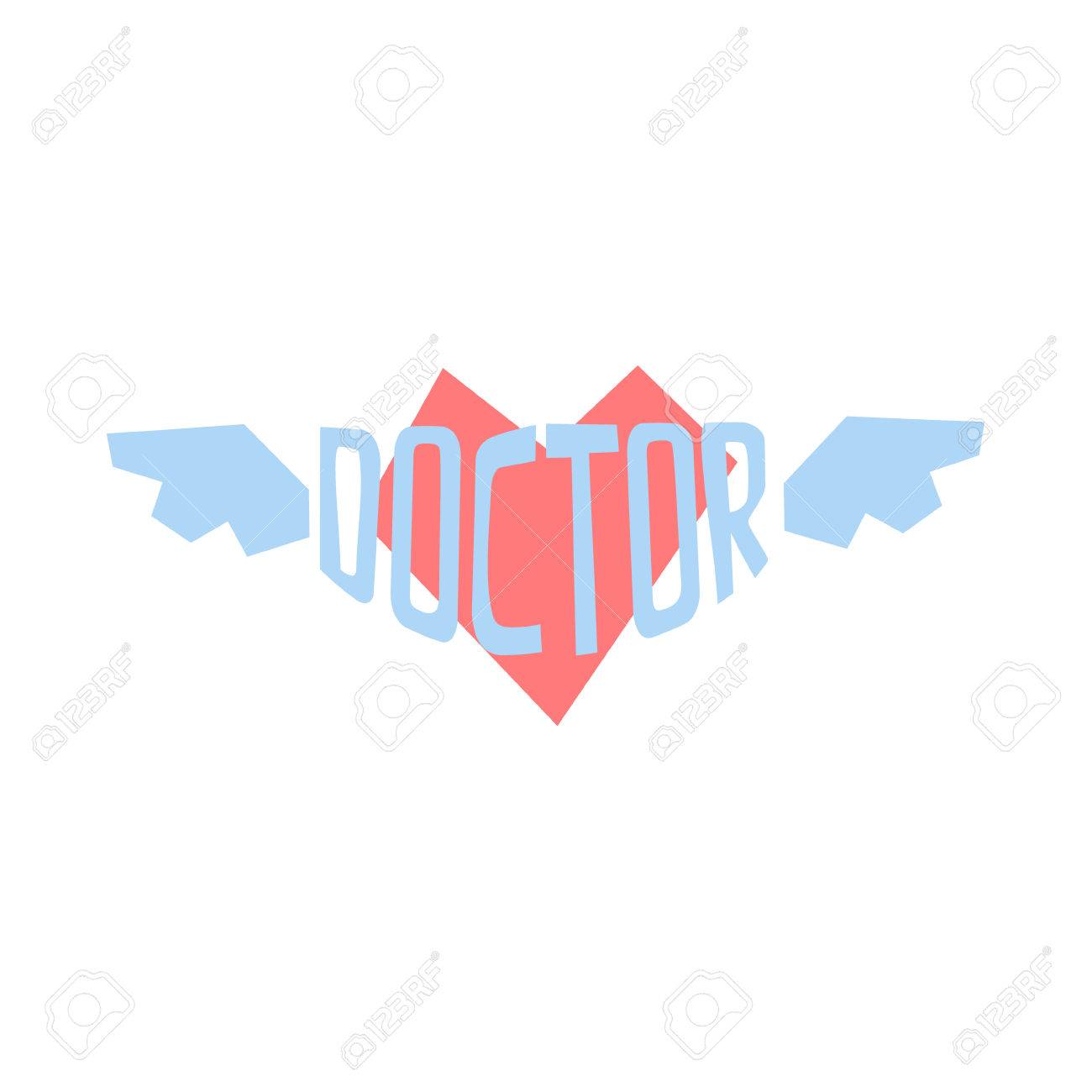 翼の医療テーマ イラストで単語医師との心 様式化された幾何学的なタトゥーのデザインのクールなカラフルなベクトル ステッカーのイラスト素材 ベクタ Image