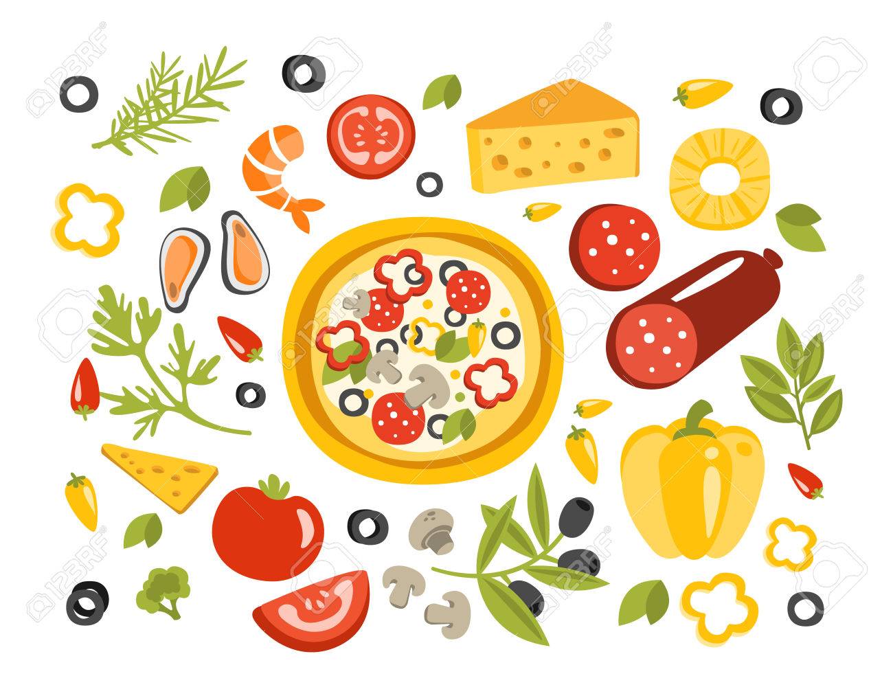 食材イラストのピザ準備セット 白い背景上の要素を料理のフラット原始的なグラフィック スタイルのコレクションです のイラスト素材 ベクタ Image