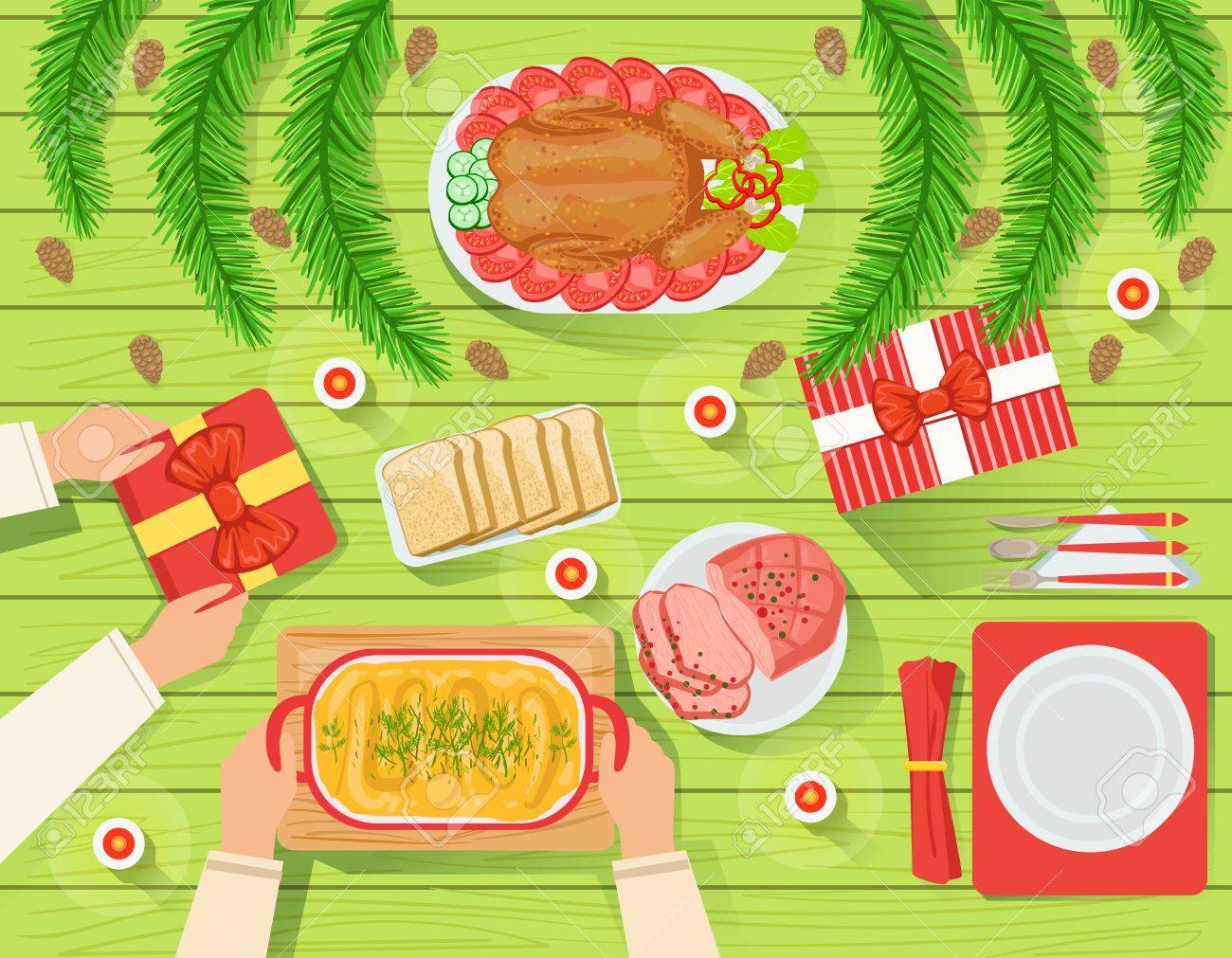 伝統的に役立ったクリスマス テーブルのカップルを上から見る 手に見える プレゼントと休日食品だけで単純な明るい色ベクトル イラスト のイラスト素材 ベクタ Image 伝統的に役立ったクリスマス テーブルのカップルを上から見る 手に見える プレゼントと休日食品だけで単純な明るい色ベクトル イラスト のイラスト素材 ベクタ Image