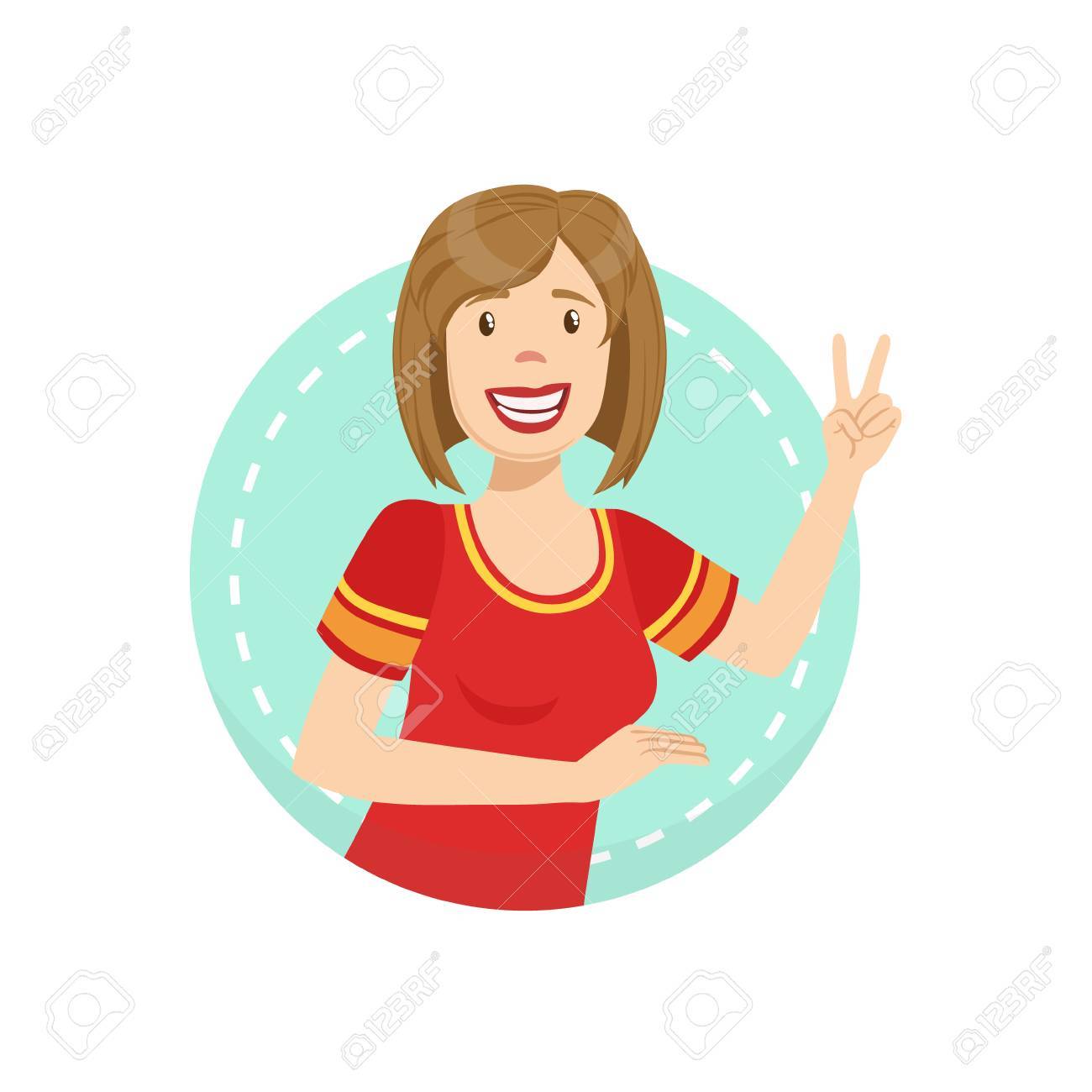 陽気な感情身体言語の図 感情豊かな表情と青丸枠で赤い T シャツの男でジェスチャー のイラスト素材 ベクタ Image