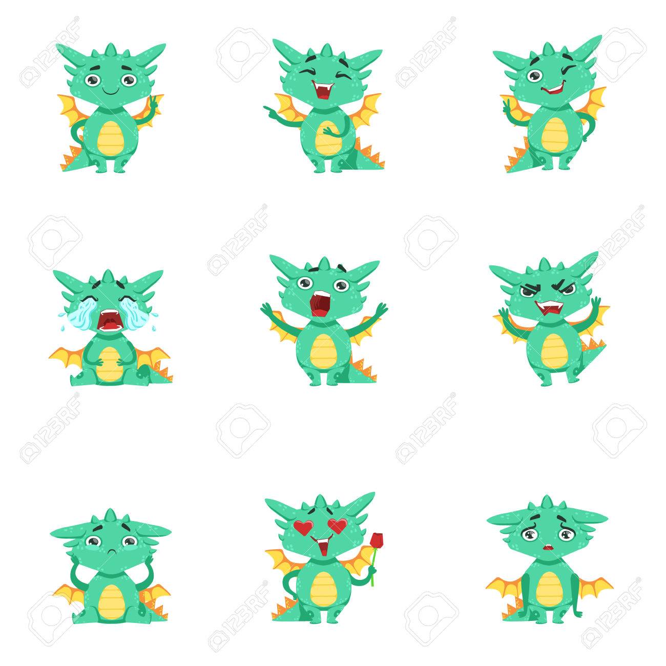 little dragon cute emoji set cute detailed stickers with childish