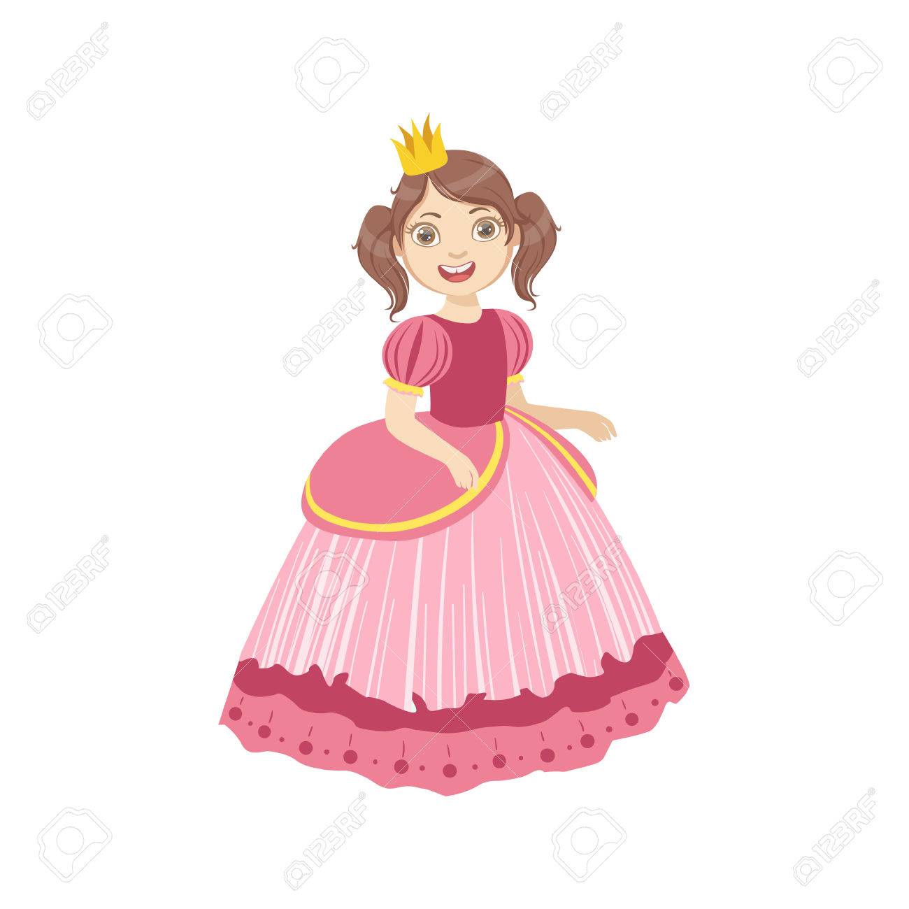 おとぎ話のプリンセスとして服を着たポニーテールの少女 白い背景に分離された明るい色の服でかわいいフラット子文字のイラスト素材 ベクタ Image