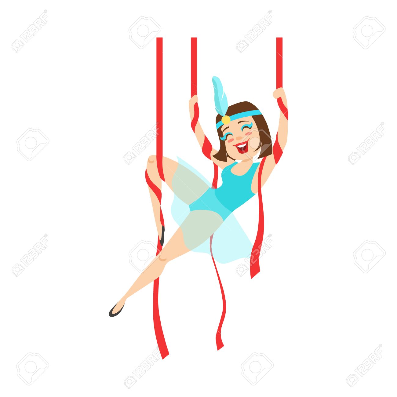 サーカス サーカス ショーのためのリボンをぶら下げでアクロバティックなスタントを実行する青い服の少女アクロバット のイラスト素材 ベクタ Image