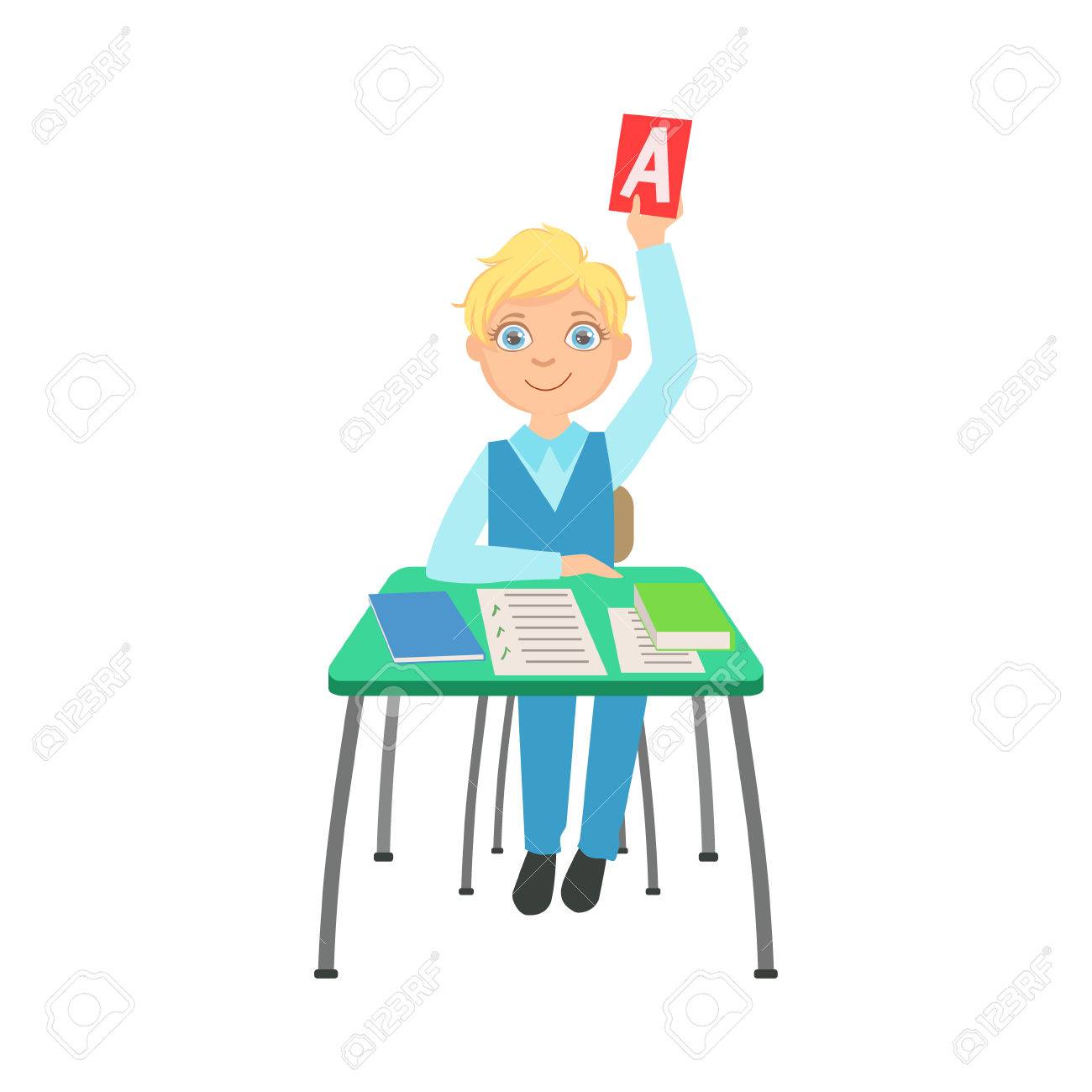 正解図と紙を上げる学校で机の後ろに座っている男子生徒 のイラスト素材 ベクタ Image 65612223