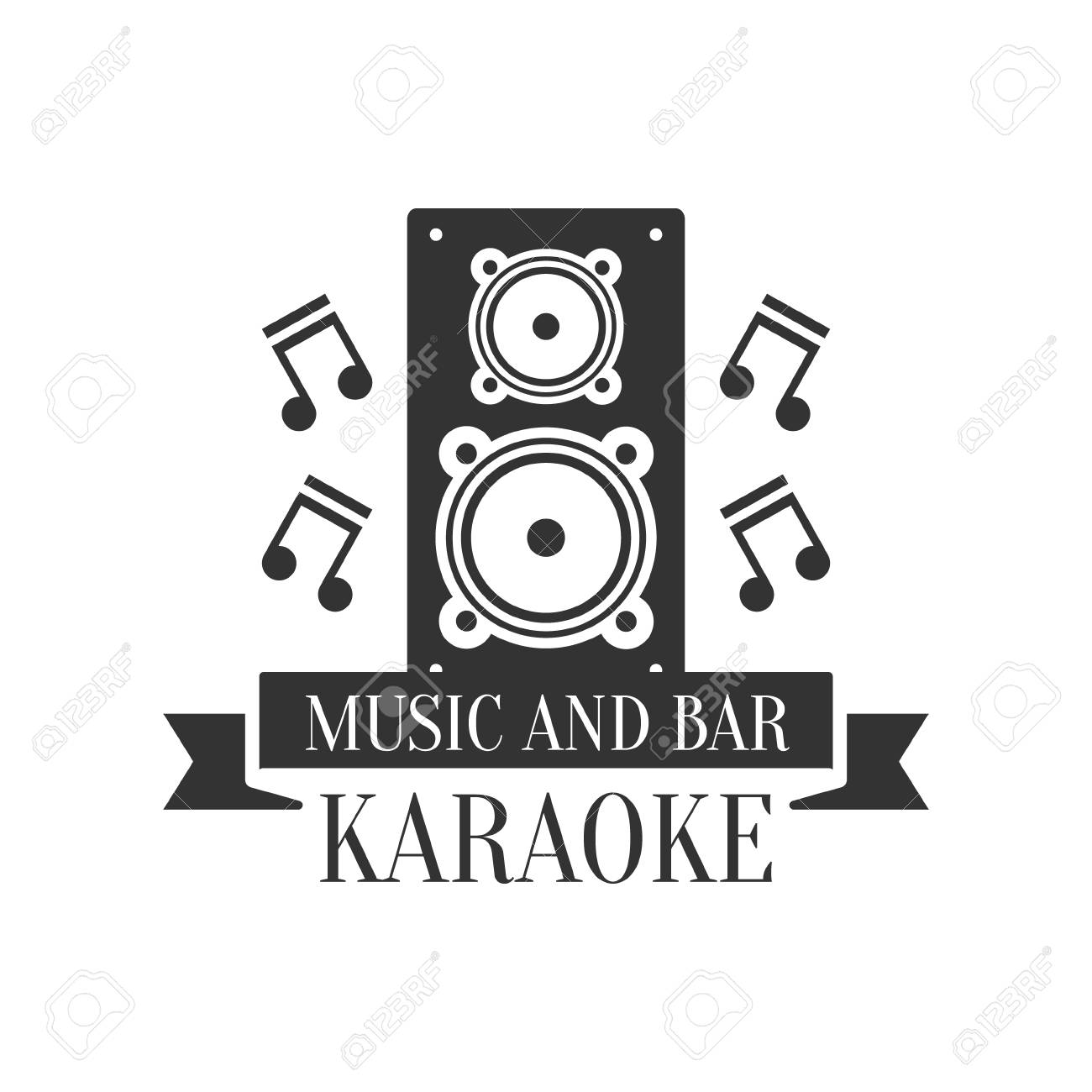 ステージ スピーカーと音楽ノート カラオケ プレミアム品質バー クラブ白黒プロモーションのレトロな標識のデザイン テンプレートです のイラスト素材 ベクタ Image