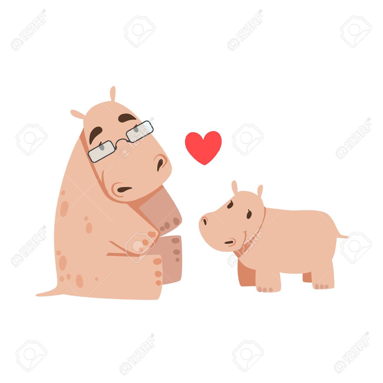 ガラス動物の親とその赤ちゃん子牛親テーマにしたカラフルなイラストと漫画の動物キャラクターの父はカバ 心とアメリカ動物園の野生動物を愛する家族の笑顔ベクトル図面記号のイラスト素材 ベクタ Image