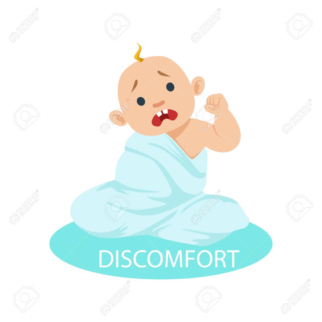 おむつの赤ちゃん男の子は不快感を感じるブランケット 不幸な幼児であることの理由の一部と泣いている漫画イラスト集に絡まってください 乳児 幼児が怒っている理由の説明と 親情報ベクトル図面 のイラスト素材 ベクタ Image