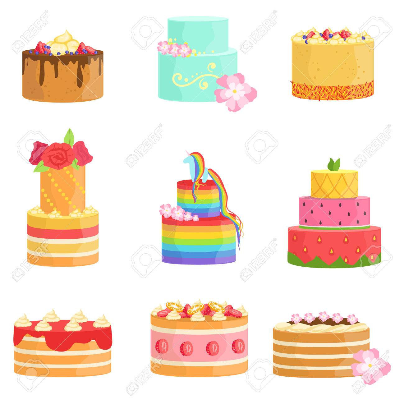 Special Occasion Decorated Cakes Assortment Bright Color Simple
