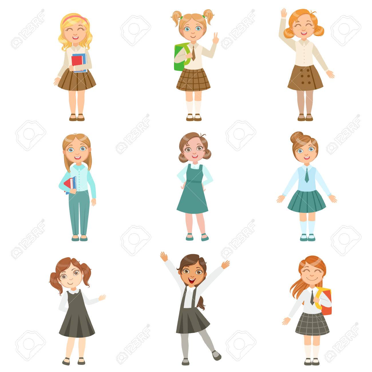 Girls Wearing An Assortment Of Classy School Uniforms Set Bright Royalty Free Cliparts Vectors And Stock Illustration Image 67201030,Realistic Full Body Beautiful Drawings Of Girls