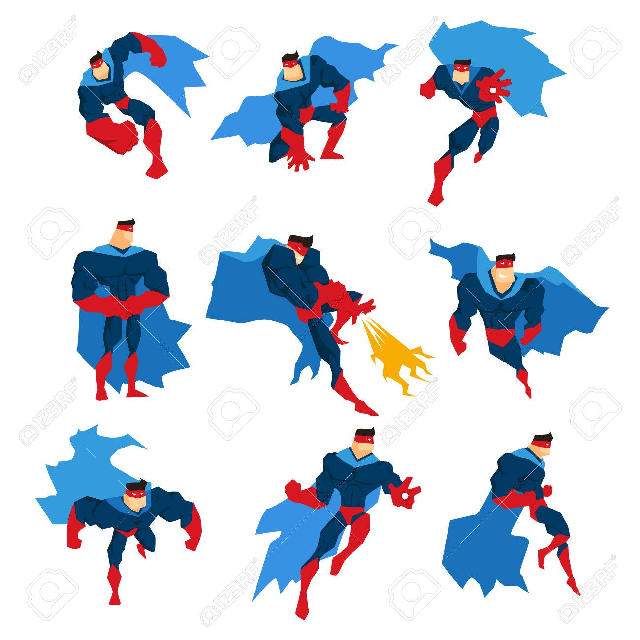 comics superhero with blue cape in action classic poses stickers