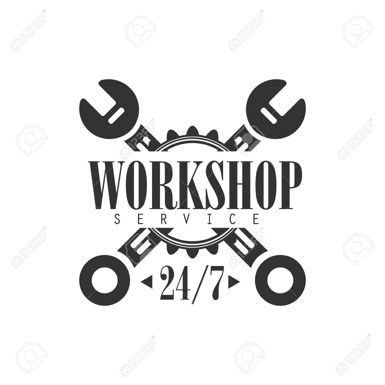 round the clock car repair workshop black and white label design template clock
