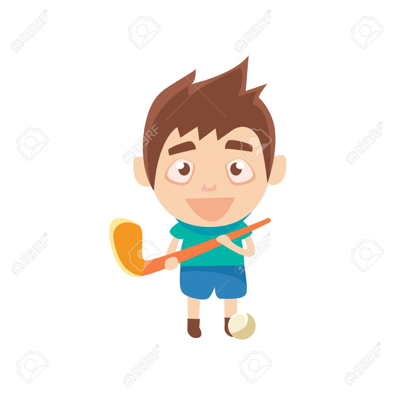 子供の草部分のホッケー少年スポーツマンはスポーツ ベクトル イラストのトレーニング シリーズ かわいい子供文字とスポーツ実践漫画の分離のアイコンを実行します のイラスト素材 ベクタ Image