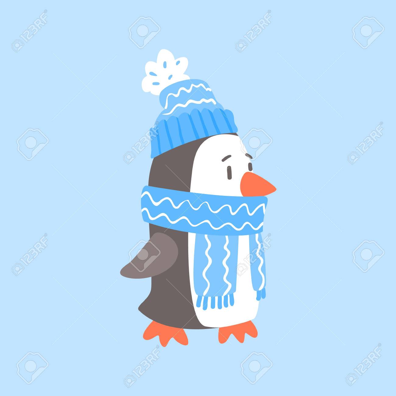 Pingüino En Bufanda Azul Y ártico Animal Vestido En Carácter De Humana De Dibujos Animados Ilustraciones Svg, Vectoriales, Clip Art Vectorizado Libre De Derechos. Image 68489279.