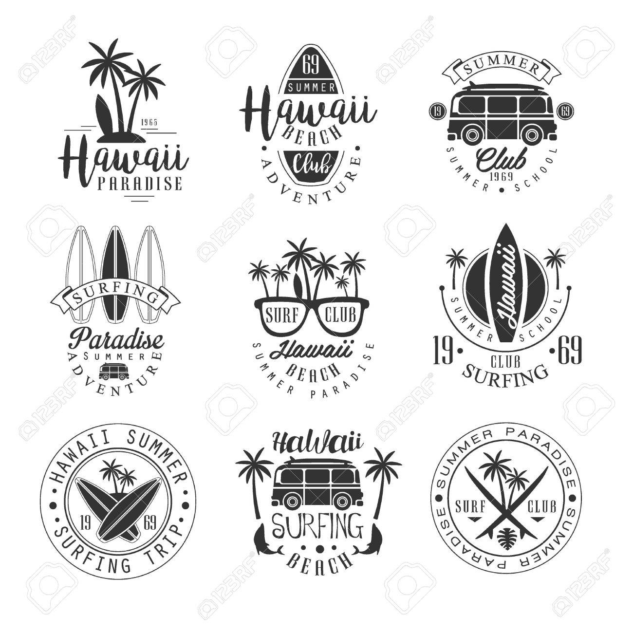 Hawaiian Beach Surfing Vacation Black And White Sign Design Templates With Text And Tools Silhouettes Royalty Free Cliparts Vectors And Stock Illustration Image