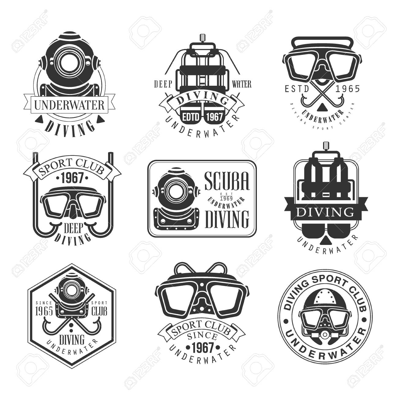 scuba diving underwater adventure club black and white sign design templates with text and tools silhouettes